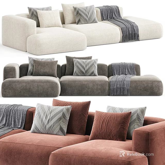 Modern Modular Sofa Collection With Different Colors Cushions And Throw Blankets 3d model