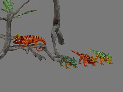 Colorful Reptile Chameleons On Tree Branches With Red Green And Orange Hues 3d model Colorful Reptile Chameleons On Tree Branches With Red Green And Orange Hues 3d model