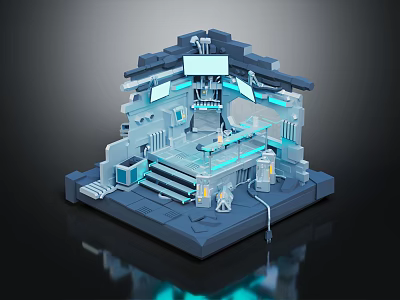 Futuristic Sci Fi Interior With Stairs Console Illuminated Screens And Equipment Platform 3d model