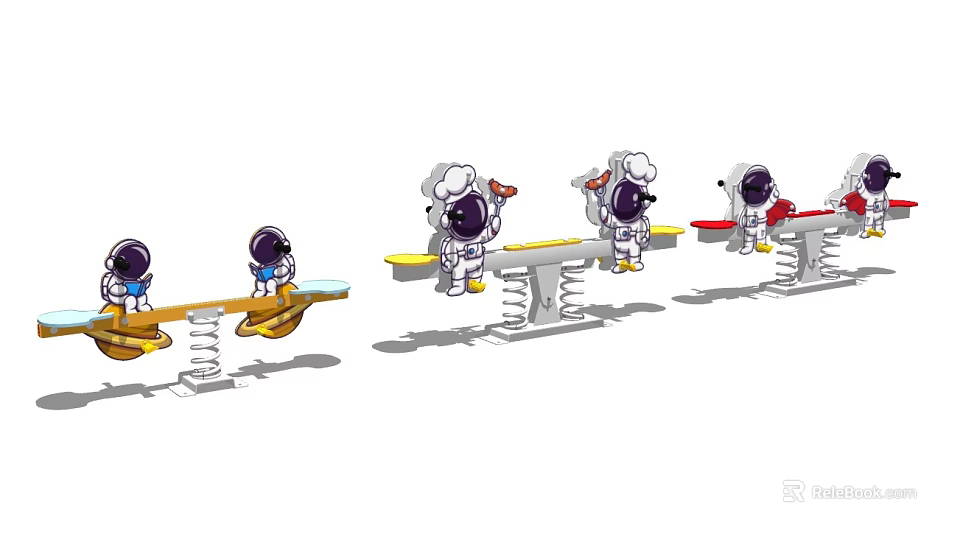 Cartoon Astronaut Toy Figures Playing On Colorful Seesaws With Balanced Design 3d model 