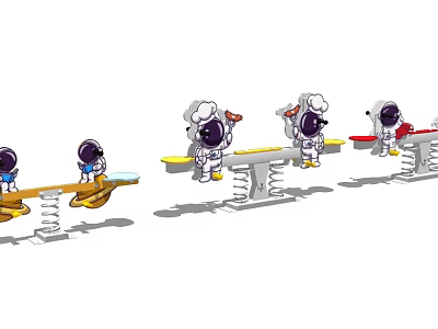 Cartoon Astronaut Toy Figures Playing On Colorful Seesaws With Balanced Design 3d model