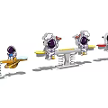 Cartoon Astronaut Toy Figures Playing On Colorful Seesaws With Balanced Design