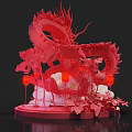 Red Dragon Sculpture Decorative with Flowers Lanterns and 2024 Chinese Elements