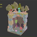 Cartoon Themed 3D Scene Featuring Green Trees Mushroom Small Animals Colorful Block Terrain and Cave