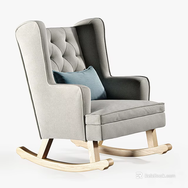 Comfortable Gray Rocking Chair With Tufted Back Wooden Rockers And Blue Cushion 3d model 