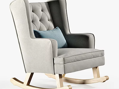 Comfortable Gray Rocking Chair With Tufted Back Wooden Rockers And Blue Cushion 3d model