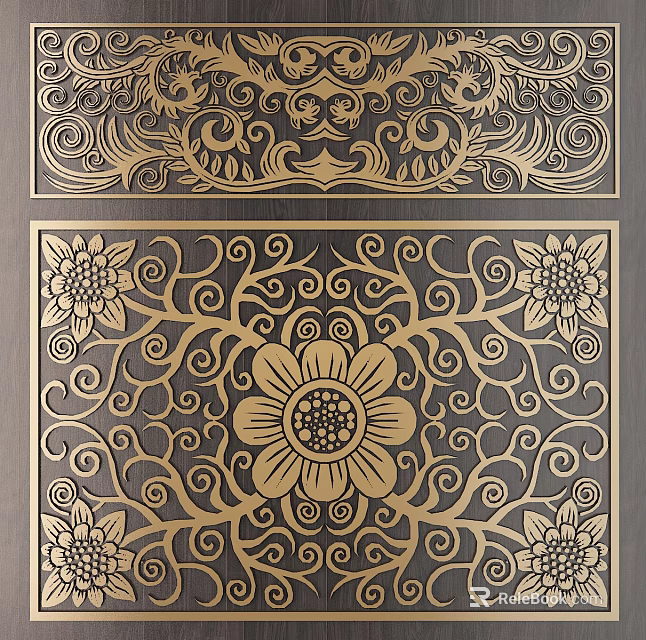 Intricate Golden Carved Patterns With Floral And Vine Designs On Dark Panels 3d model 