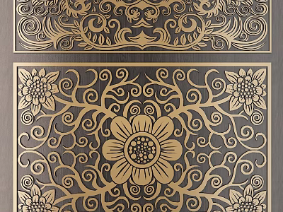 Intricate Golden Carved Patterns With Floral And Vine Designs On Dark Panels 3d model