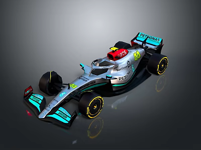 Mercedes Silver And Turquoise Formula 1 Racing Car With Aerodynamic Design And Yellow Rim Wheels 3d model