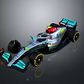 Mercedes Silver And Turquoise Formula 1 Racing Car With Aerodynamic Design And Yellow Rim Wheels