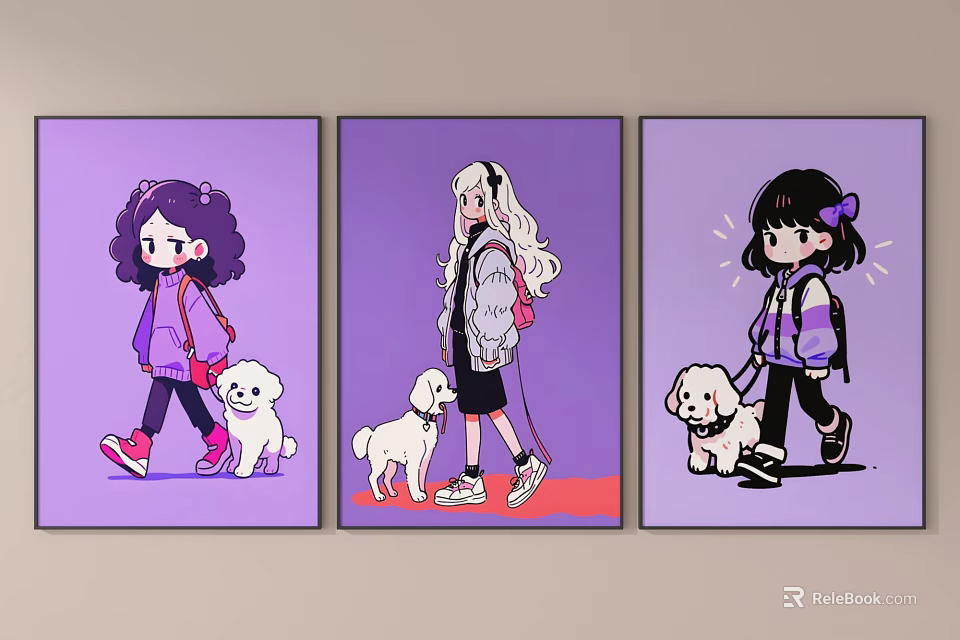 Cartoon Girls Walking With Puppies On Purple Background Wall Art Decor 3d model 