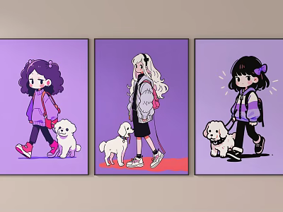 Cartoon Girls Walking With Puppies On Purple Background Wall Art Decor 3d model