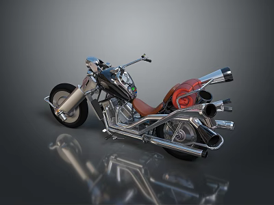 Shiny Classic Motorcycle Featuring Red Seat And Silver Exhaust Pipes On Gray Reflective Surface 3d model