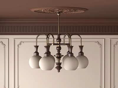 Vintage Brass Chandelier With Four White Glass Shades And Ornate Ceiling Medallion 3d model