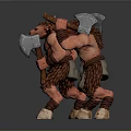 Two Red Horned Fantasy Creatures Holding Weapons With Furry Skins And Muscular Build