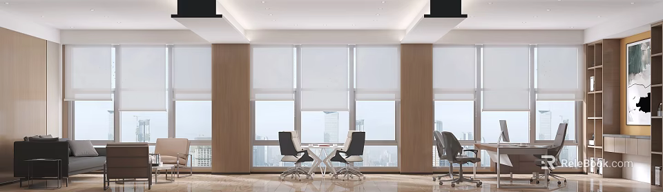 Modern Office Interior With Large Windows Roller Blinds Wooden Pillars And City View 3d model 