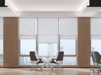 Modern Office Interior With Large Windows Roller Blinds Wooden Pillars And City View 3d model