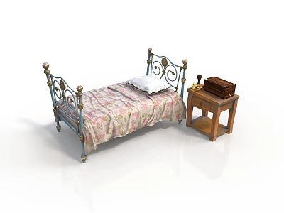 Vintage Bedroom Interior With Iron Bed Patterned Bedspread Wooden Nightstand Vintage Telephone And Brown Trunk 3d model