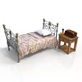 Vintage Bedroom Interior With Iron Bed Patterned Bedspread Wooden Nightstand Vintage Telephone And Brown Trunk