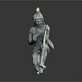 Ancient Bronze Man Statue Wearing Helmet Kneeling And Holding Bow