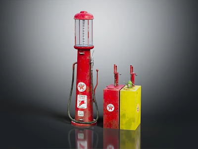 Vintage Industrial Red Fuel Pump With Red And Yellow Fuel Tanks 3d model
