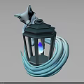 White Fox Character Resting On Dark Blue Lantern With Blue Flame And Wavy Tail