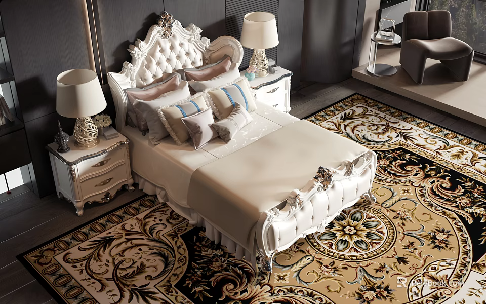 Luxurious Double Bed With White Carved Headboard Elegant Pillows Bedside Tables And Decorative Carpet 3d model 