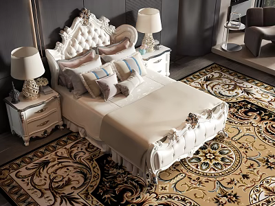 Luxurious Double Bed With White Carved Headboard Elegant Pillows Bedside Tables And Decorative Carpet 3d model