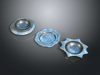 Unique Decorative Metal Dishes With Three Different Shapes And Textured Surfaces 3d model