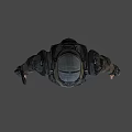 Man In Black Combat Armor With Red Glowing Eyes And Mechanical Helmet Details