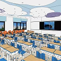 School Classroom Interior With Blue Desks Cloud Ceiling Whiteboard And Windows 3d model