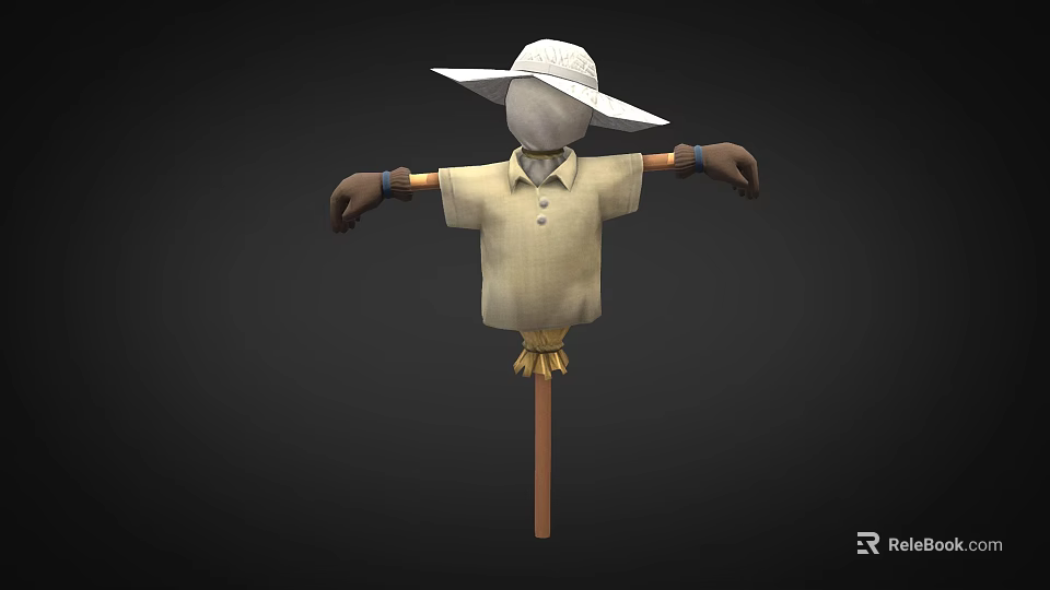 Detailed Game Film Character Scarecrow With Straw Hat Shirt And Wooden Pole 3d model 