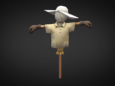 Detailed Game Film Character Scarecrow With Straw Hat Shirt And Wooden Pole 3d model