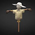 Detailed Game Film Character Scarecrow With Straw Hat Shirt And Wooden Pole