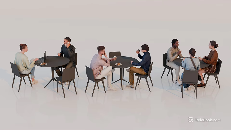Multiple People Sitting Around Round Tables In Modern Indoor Space Working Chatting And Drinking 3d model 