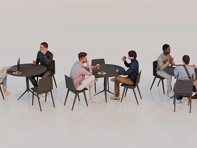 Multiple People Sitting Around Round Tables In Modern Indoor Space Working Chatting And Drinking 3d model