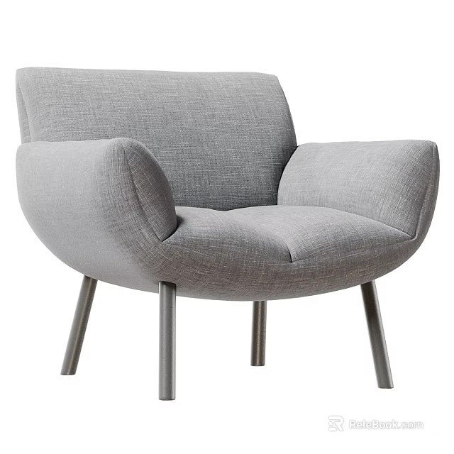 Gray Fabric Single Sofa with Curved Armrests and Modern Metal Legs Design 3d model 