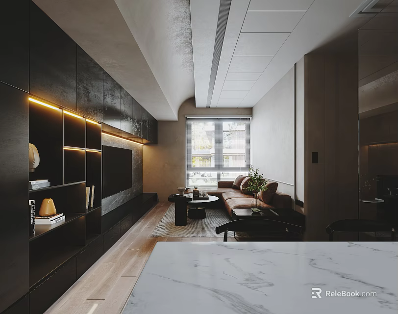 Modern Dining Living Room Interior With Dark Cabinets LED Lighting And Brown Sofa 3d model 