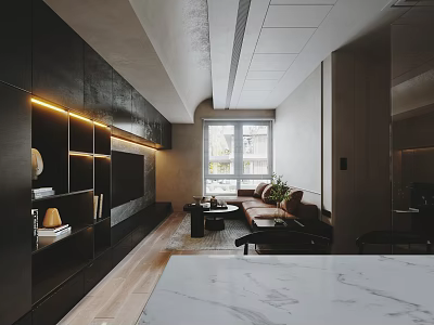 Modern Dining Living Room Interior With Dark Cabinets LED Lighting And Brown Sofa 3d model