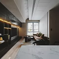 Modern Dining Living Room Interior With Dark Cabinets LED Lighting And Brown Sofa