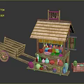 Traditional Pottery Stall With Straw Roof Wooden Cart And Ceramic Vases Jars