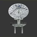 White Parabolic Satellite Dish With Grid Structure And Blue Logo On Stand