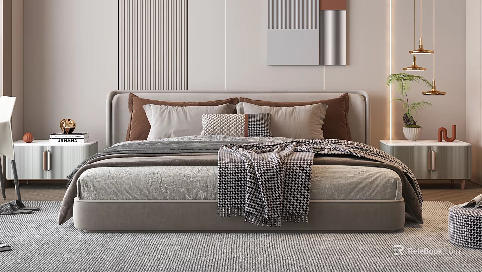 Modern Bedroom Interior With Upholstered Headboard Colorful Pillows Plaid Blanket Green Plant And Nightstand Books 3d model 