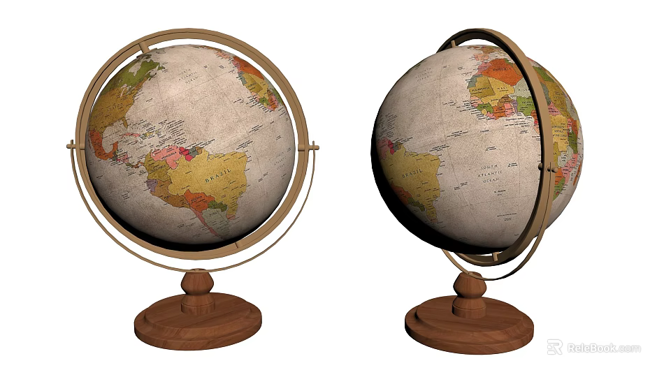 Decorative Ornament Set With Vintage Globe Wooden Base Metal Stand And Colorful World Map Design 3d model 