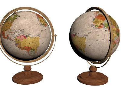 Decorative Ornament Set With Vintage Globe Wooden Base Metal Stand And Colorful World Map Design 3d model
