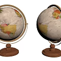 Decorative Ornament Set With Vintage Globe Wooden Base Metal Stand And Colorful World Map Design