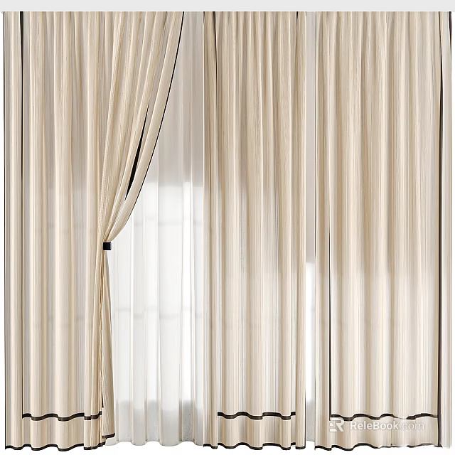 Beige Striped Curtains With Double Layer Sheer And Fabric Design For Home 3d model 