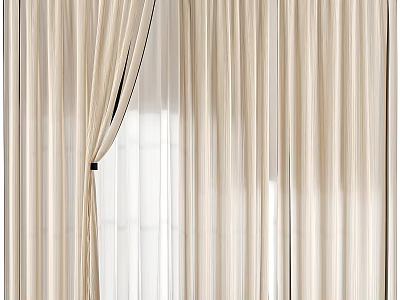 Beige Striped Curtains With Double Layer Sheer And Fabric Design For Home 3d model