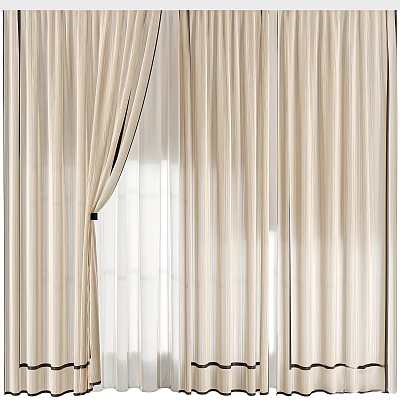 Beige Striped Curtains With Double Layer Sheer And Fabric Design For Home 3d model