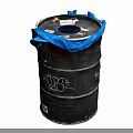 Old Black Barrel Covered With Blue Trash Bag And Graffiti